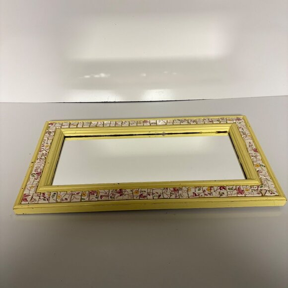 Mosaic Yellow Mirror Handcrafted Floral Tile Frame Shabby Chic Wall Decor VTG - Picture 1 of 8